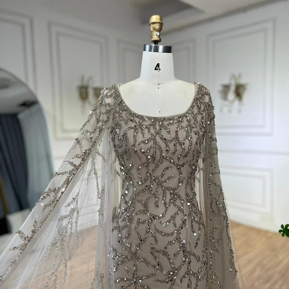 Caramel Mermaid Beaded Evening Dress with Cape Sleeves LA72149