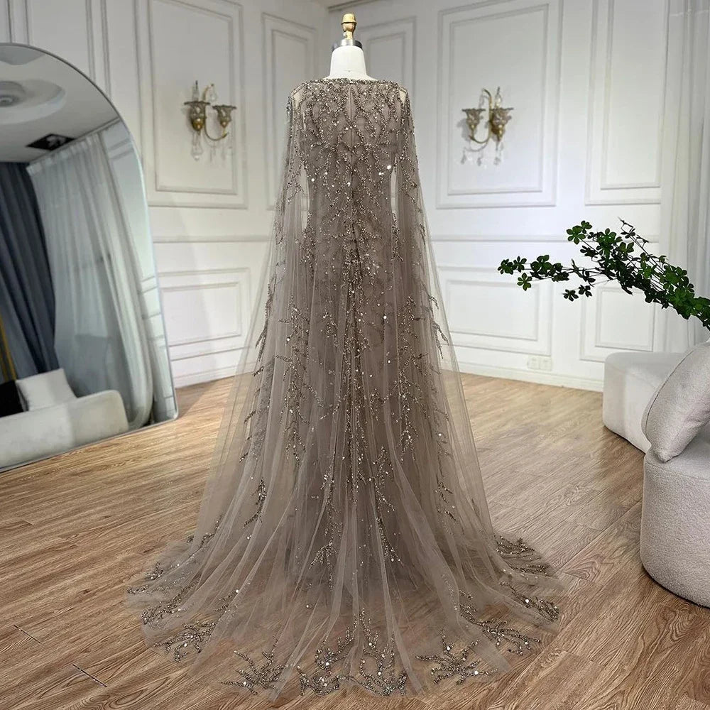 Caramel Mermaid Beaded Evening Dress with Cape Sleeves LA72149