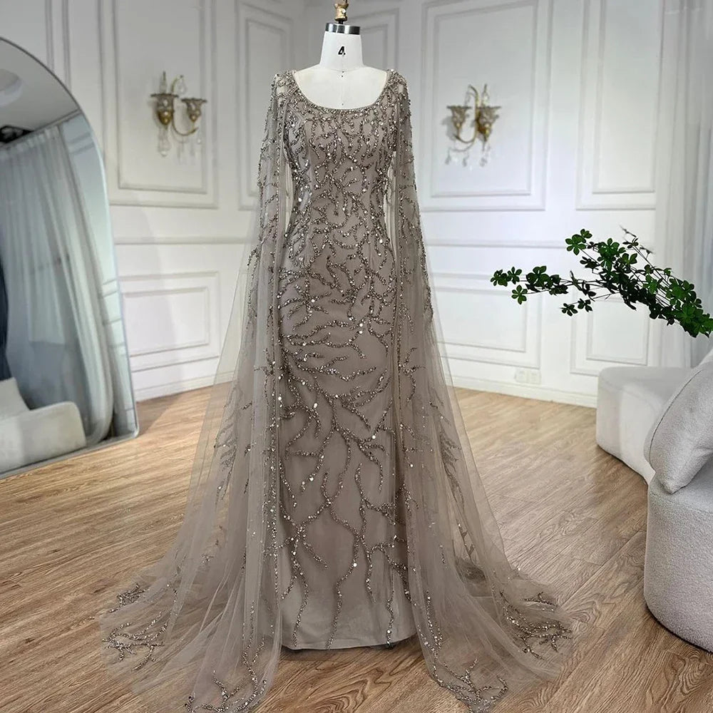 Caramel Mermaid Beaded Evening Dress with Cape Sleeves LA72149