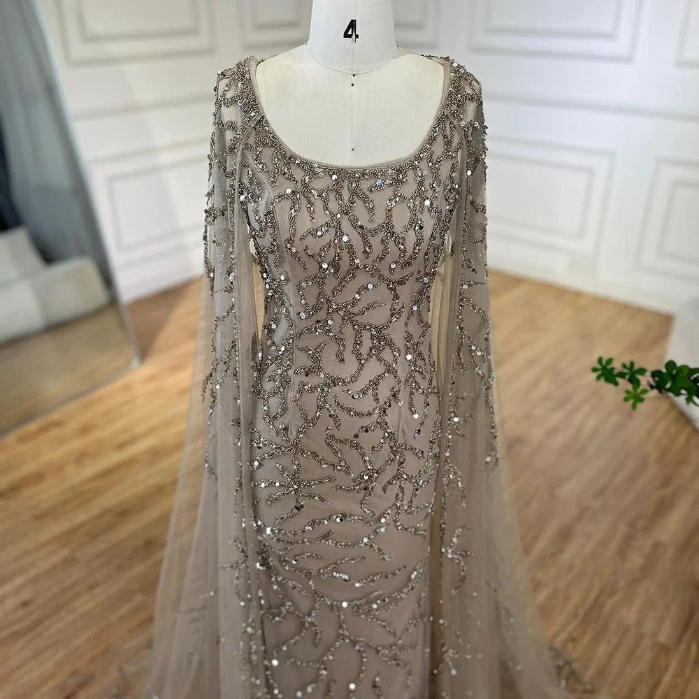 Caramel Mermaid Beaded Evening Dress with Cape Sleeves LA72149