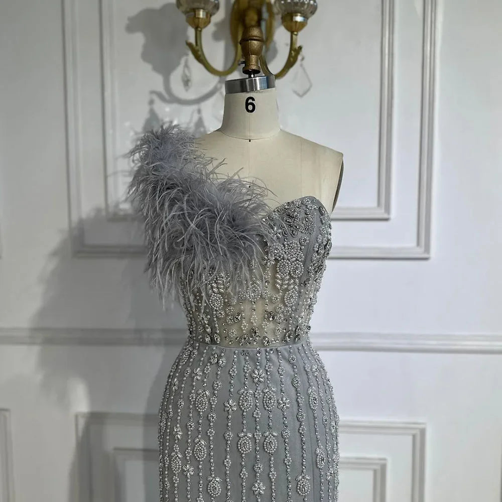 Serene Hill Gray Mermaid One Shoulder High Split Beaded Feather Luxury Evening Dresses Gowns For Women Party 2025 LA72347