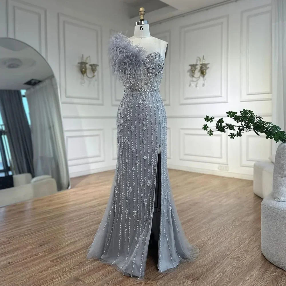 Serene Hill Gray Mermaid One Shoulder High Split Beaded Feather Luxury Evening Dresses Gowns For Women Party 2025 LA72347