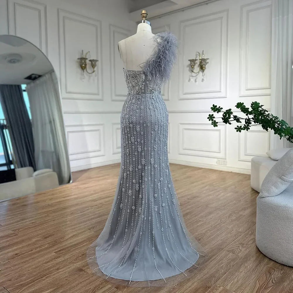 Serene Hill Gray Mermaid One Shoulder High Split Beaded Feather Luxury Evening Dresses Gowns For Women Party 2025 LA72347