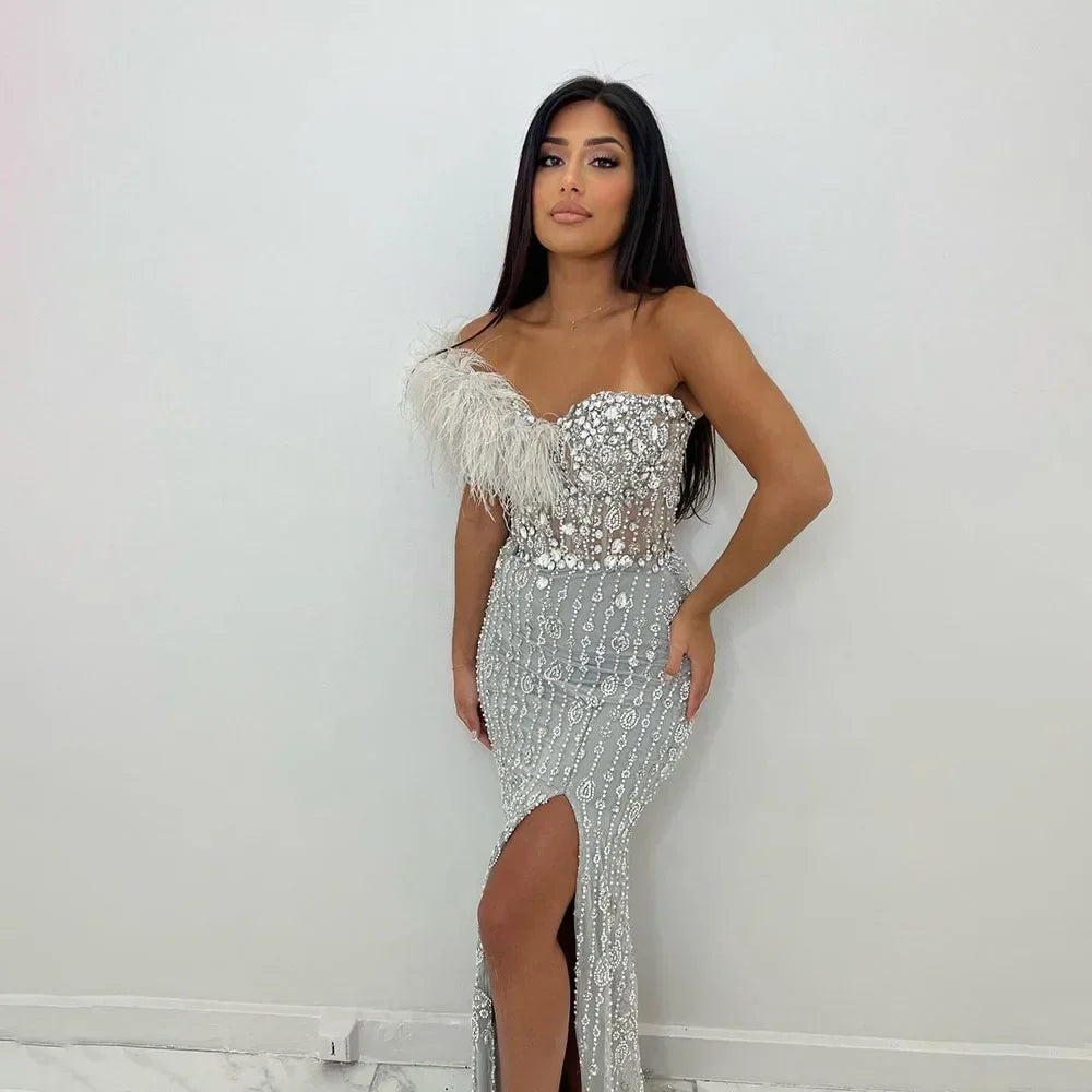 Luxury Gray One Shoulder Mermaid Beaded Feather Evening Dress LA72347