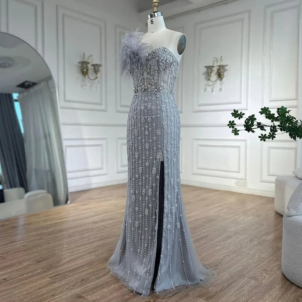 Serene Hill Gray Mermaid One Shoulder High Split Beaded Feather Luxury Evening Dresses Gowns For Women Party 2025 LA72347