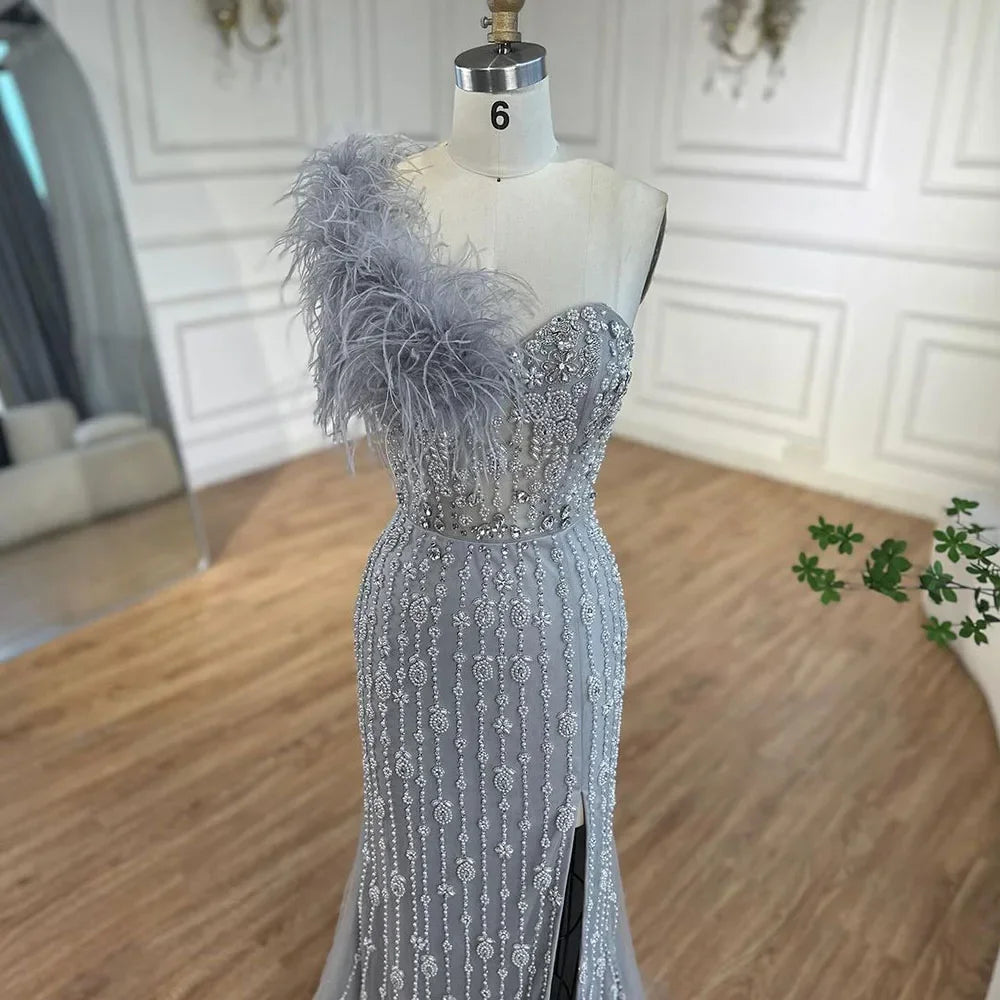 Serene Hill Gray Mermaid One Shoulder High Split Beaded Feather Luxury Evening Dresses Gowns For Women Party 2025 LA72347