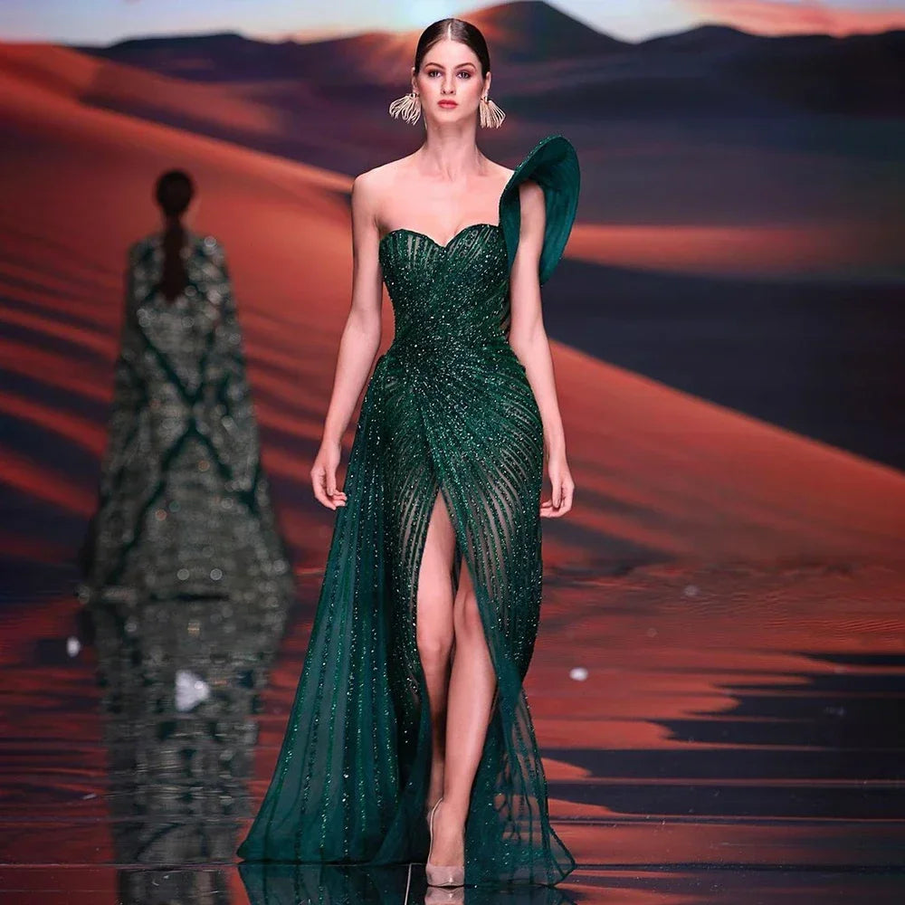 Luxury Dubai Green Mermaid High Split One Shoulder Beaded Evening Dresses Gowns For Wedding Party LA71779