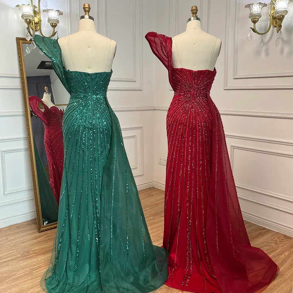 Luxury Dubai Green Mermaid High Split One Shoulder Beaded Evening Dresses Gowns For Wedding Party LA71779