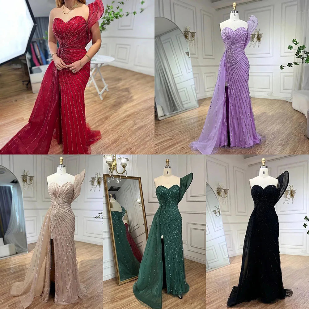 Luxury Dubai Green Mermaid High Split One Shoulder Beaded Evening Dresses Gowns For Wedding Party LA71779