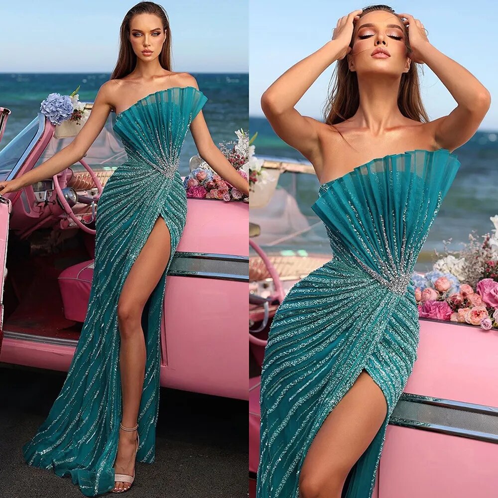 Serene Hill Green Mermaid Sexy High Split Off Shoulder Beaded Luxury Dubai Evening Dresses Gowns 2025 For Women Party LA72049