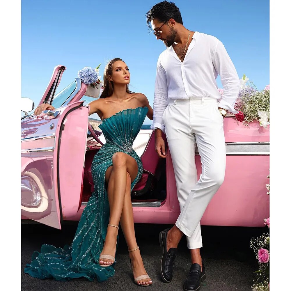 Serene Hill Green Mermaid Sexy High Split Off Shoulder Beaded Luxury Dubai Evening Dresses Gowns 2025 For Women Party LA72049