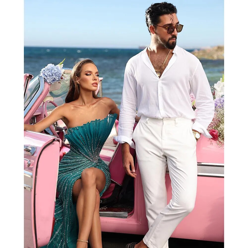 Serene Hill Green Mermaid Sexy High Split Off Shoulder Beaded Luxury Dubai Evening Dresses Gowns 2025 For Women Party LA72049