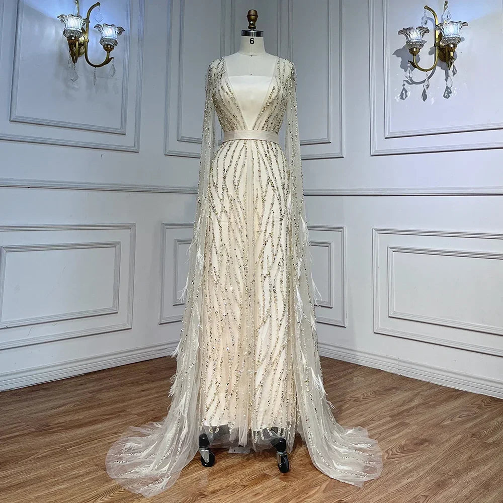 Serene Hill Ivory Mermaid Elegant Feathers Cape Sleeves Square Beaded Luxury Evening Dresses Gowns Caftan Marocain LA71748