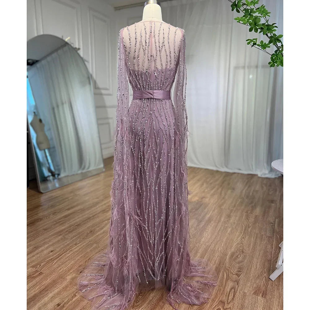 Serene Hill Ivory Mermaid Elegant Feathers Cape Sleeves Square Beaded Luxury Evening Dresses Gowns Caftan Marocain LA71748