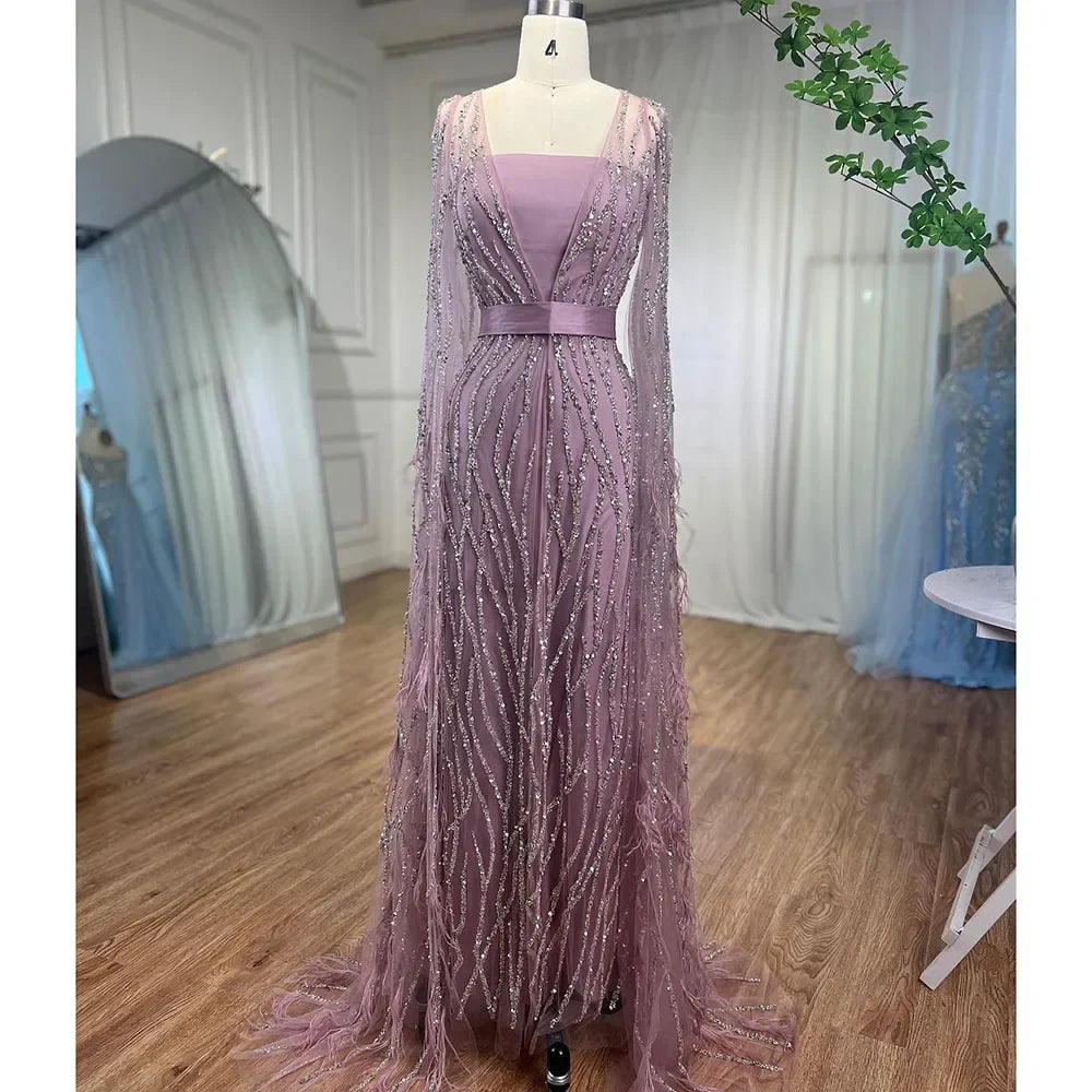 Serene Hill Ivory Mermaid Elegant Feathers Cape Sleeves Square Beaded Luxury Evening Dresses Gowns Caftan Marocain LA71748