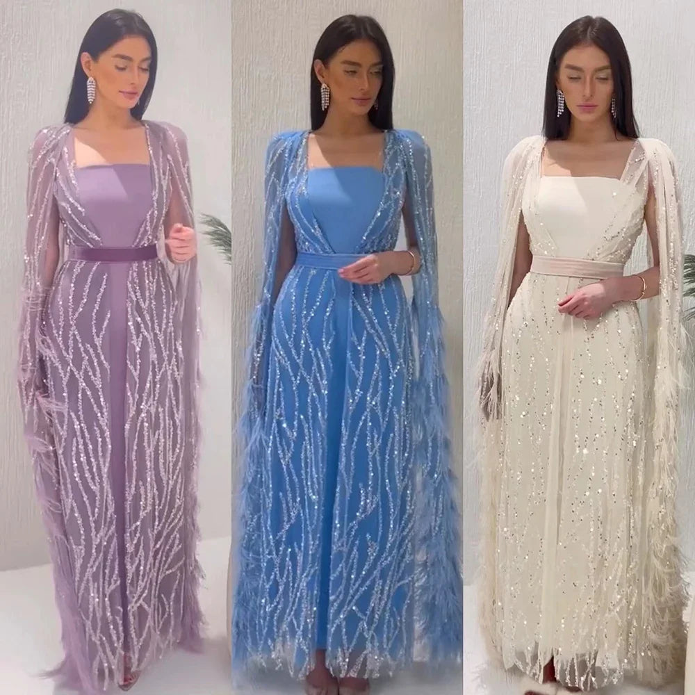 Serene Hill Ivory Mermaid Elegant Feathers Cape Sleeves Square Beaded Luxury Evening Dresses Gowns Caftan Marocain LA71748