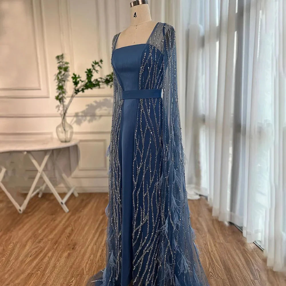 Serene Hill Ivory Mermaid Elegant Feathers Cape Sleeves Square Beaded Luxury Evening Dresses Gowns Caftan Marocain LA71748