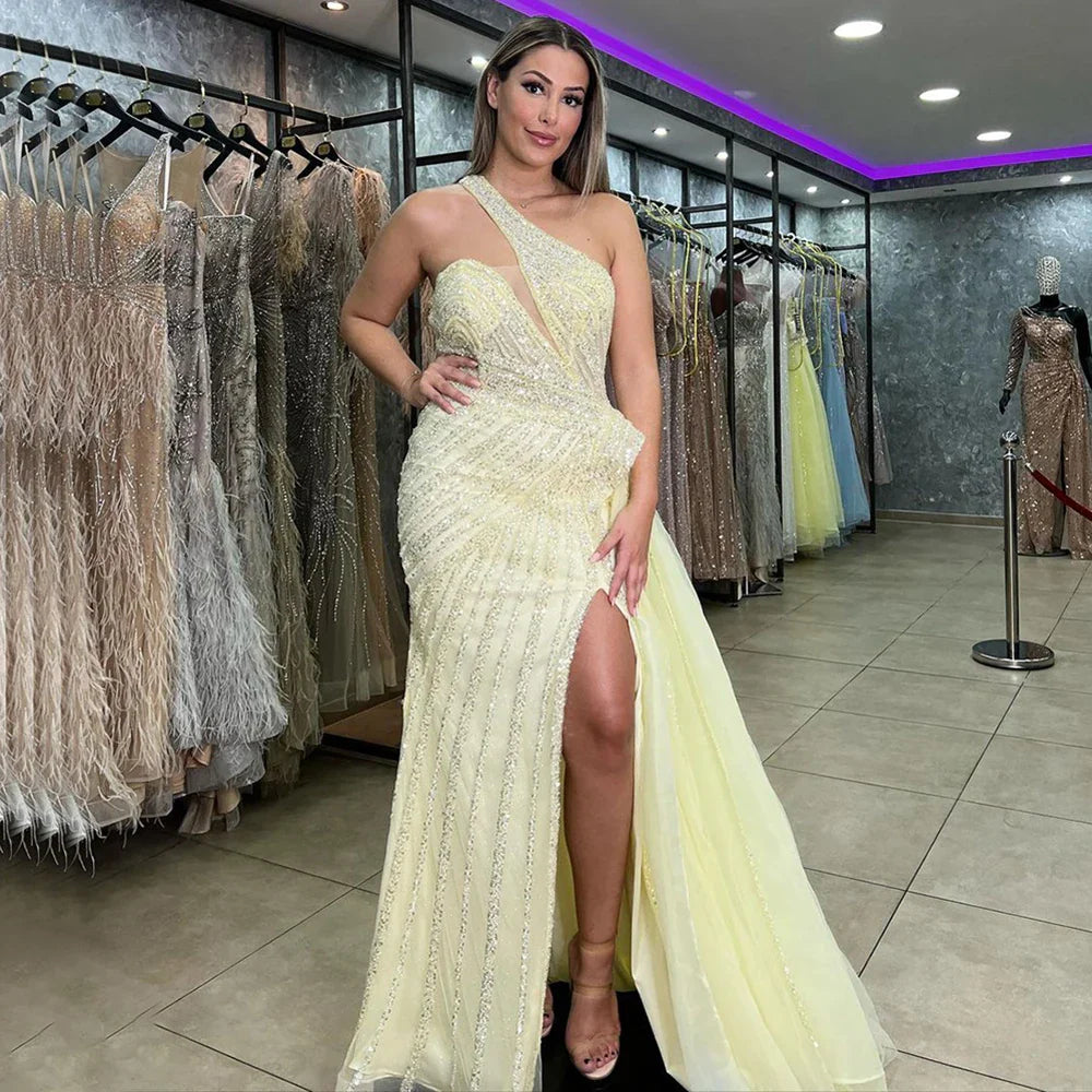 Serene Hill Lilac Mermaid Elegant With Overskirt Sexy One-Shoulder Evening Dresses Gowns Luxury Beaded Party LA71712
