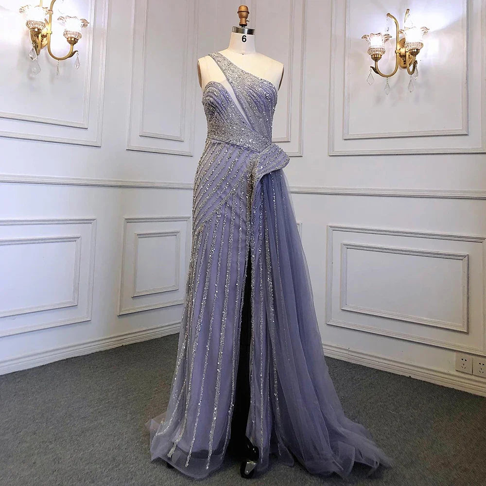 Serene Hill Lilac Mermaid Elegant With Overskirt Sexy One-Shoulder Evening Dresses Gowns Luxury Beaded Party LA71712