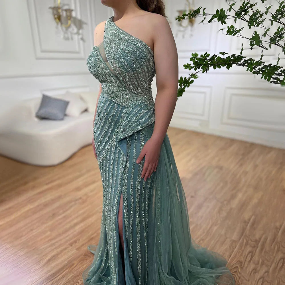 Serene Hill Lilac Mermaid Elegant With Overskirt Sexy One-Shoulder Evening Dresses Gowns Luxury Beaded Party LA71712