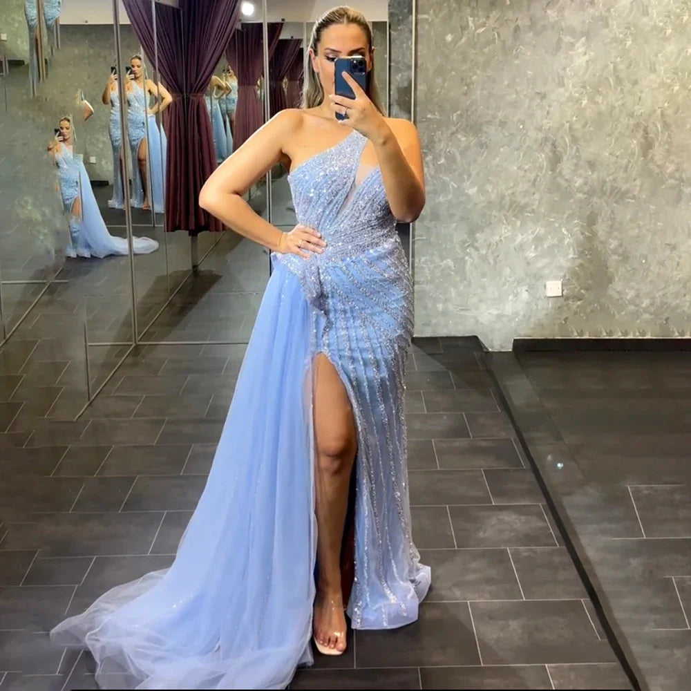 Serene Hill Lilac Mermaid Elegant With Overskirt Sexy One-Shoulder Evening Dresses Gowns Luxury Beaded Party LA71712