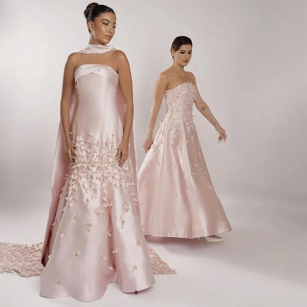 Luxury Dubai Luxury Peach Satin Mermaid Evening Dress with Cape Saudi Arabic for Formal Occasion LA72483A