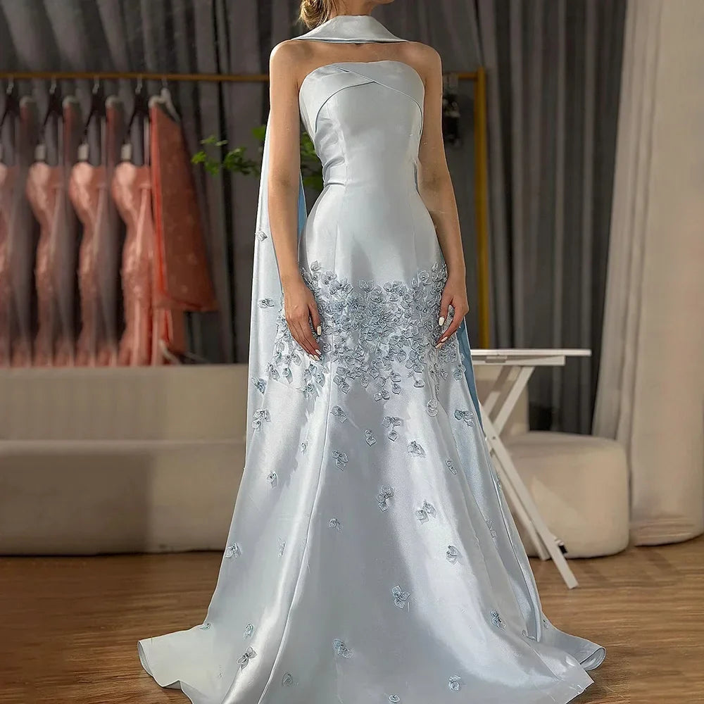 Luxury Dubai Luxury Peach Satin Mermaid Evening Dress with Cape Saudi Arabic for Formal Occasion LA72483A