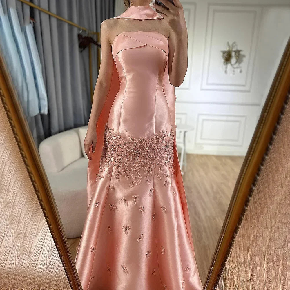 Luxury Dubai Luxury Peach Satin Mermaid Evening Dress with Cape Saudi Arabic for Formal Occasion LA72483A