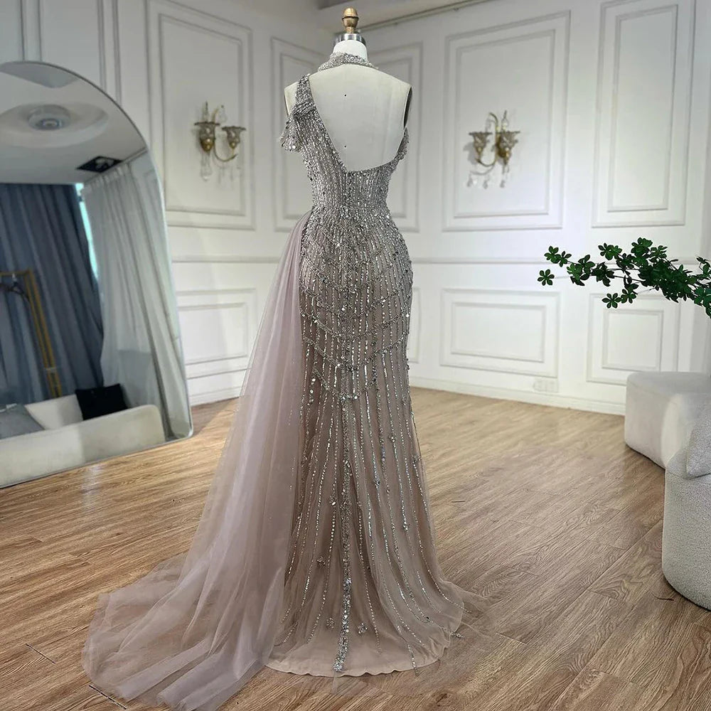 Luxury Beaded Caramel Mermaid Halter Evening Dress LA71778A