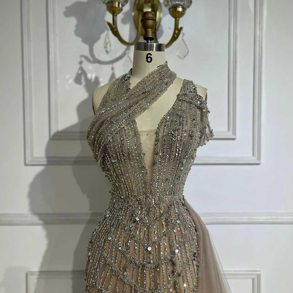 Luxury Beaded Caramel Mermaid Halter Evening Dress LA71778A