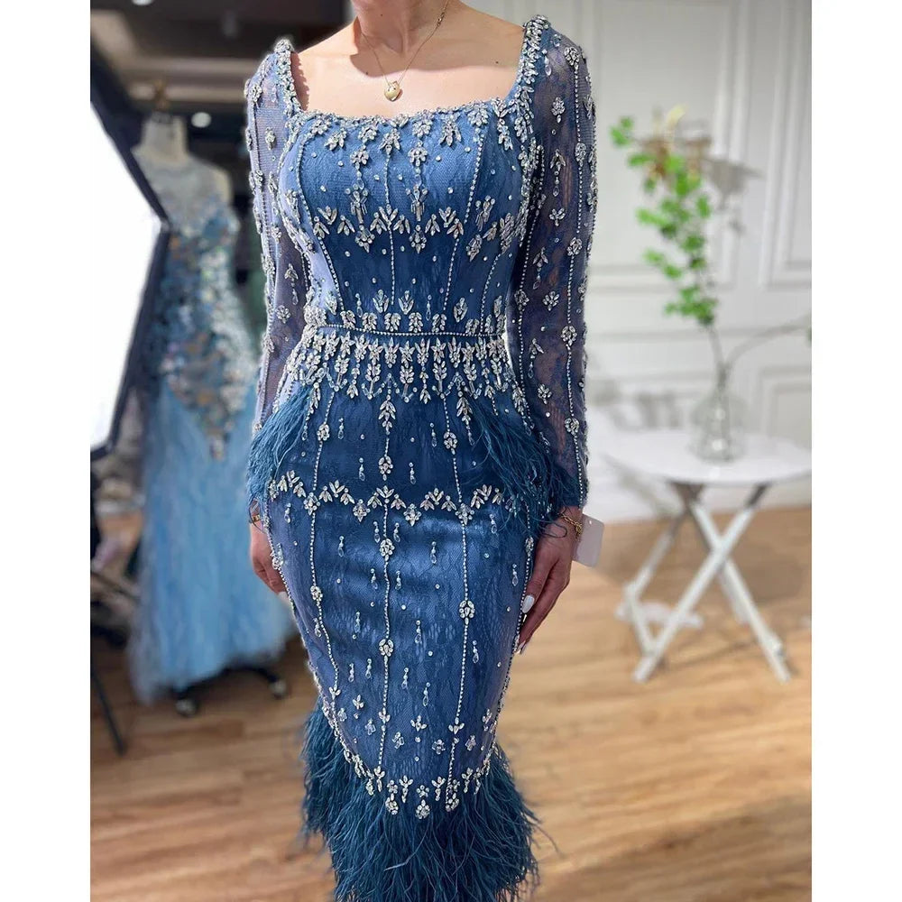Luxury Black Feathers Midi Evening Dress with Long Sleeve LA71492AM