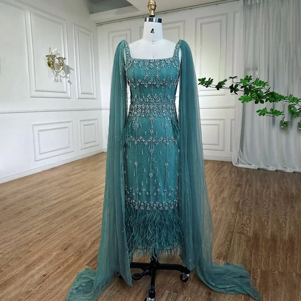 Luxury Blue Lace Midi Evening Dress with Crystals and Feathers LA71492A