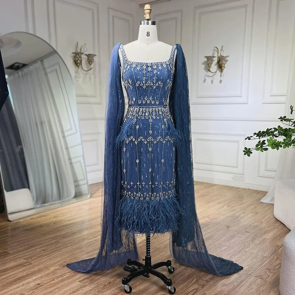 Luxury Blue Lace Midi Evening Dress with Crystals and Feathers LA71492A