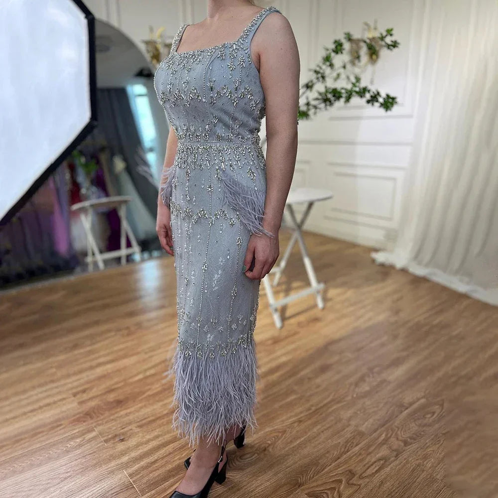 Luxury Blue Lace Midi Evening Dress with Crystals and Feathers LA71492A