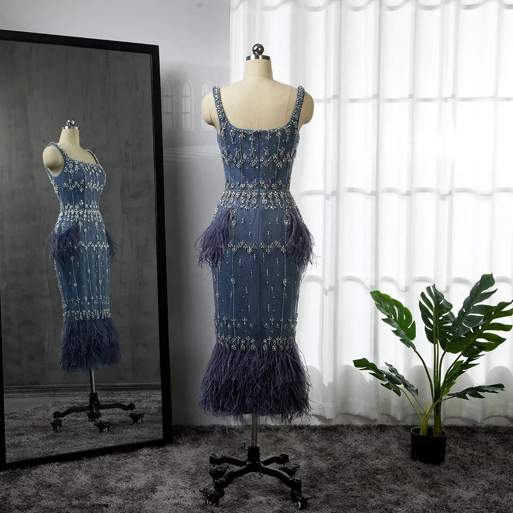 Luxury Blue Lace Midi Evening Dress with Crystals and Feathers LA71492A