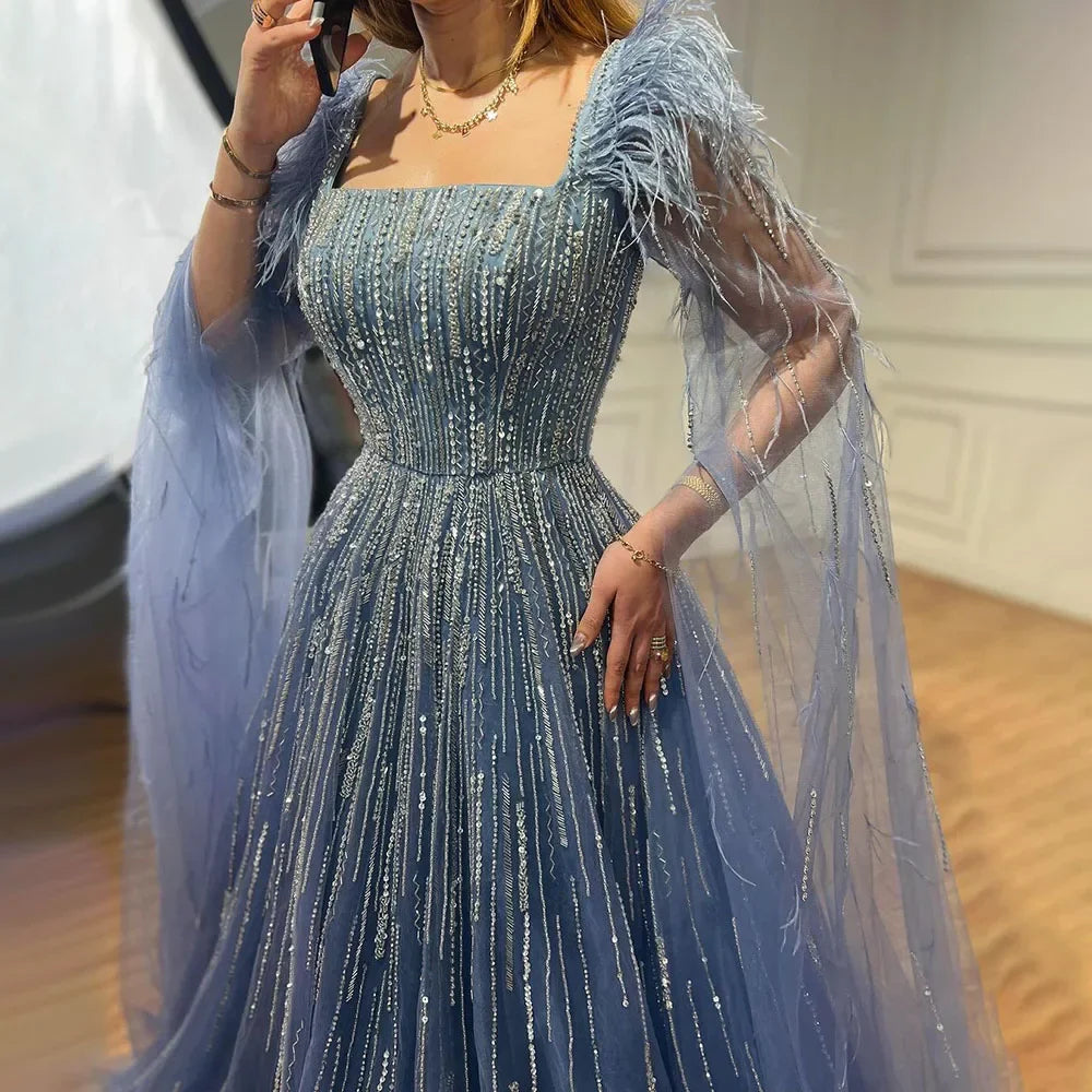 Blue Luxury Feathers Arabic Evening Dresses with Cape LA72236