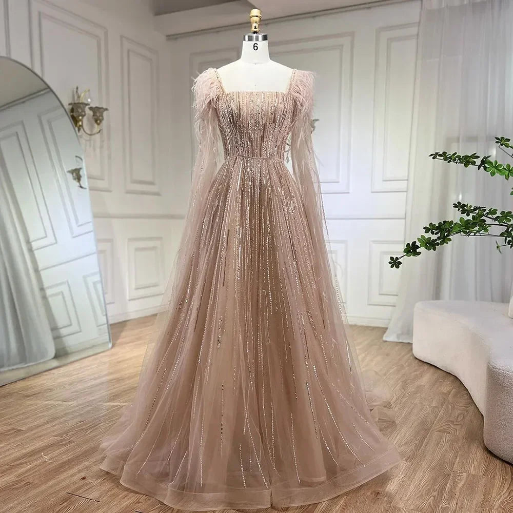 Blue Luxury Feathers Arabic Evening Dresses with Cape LA72236