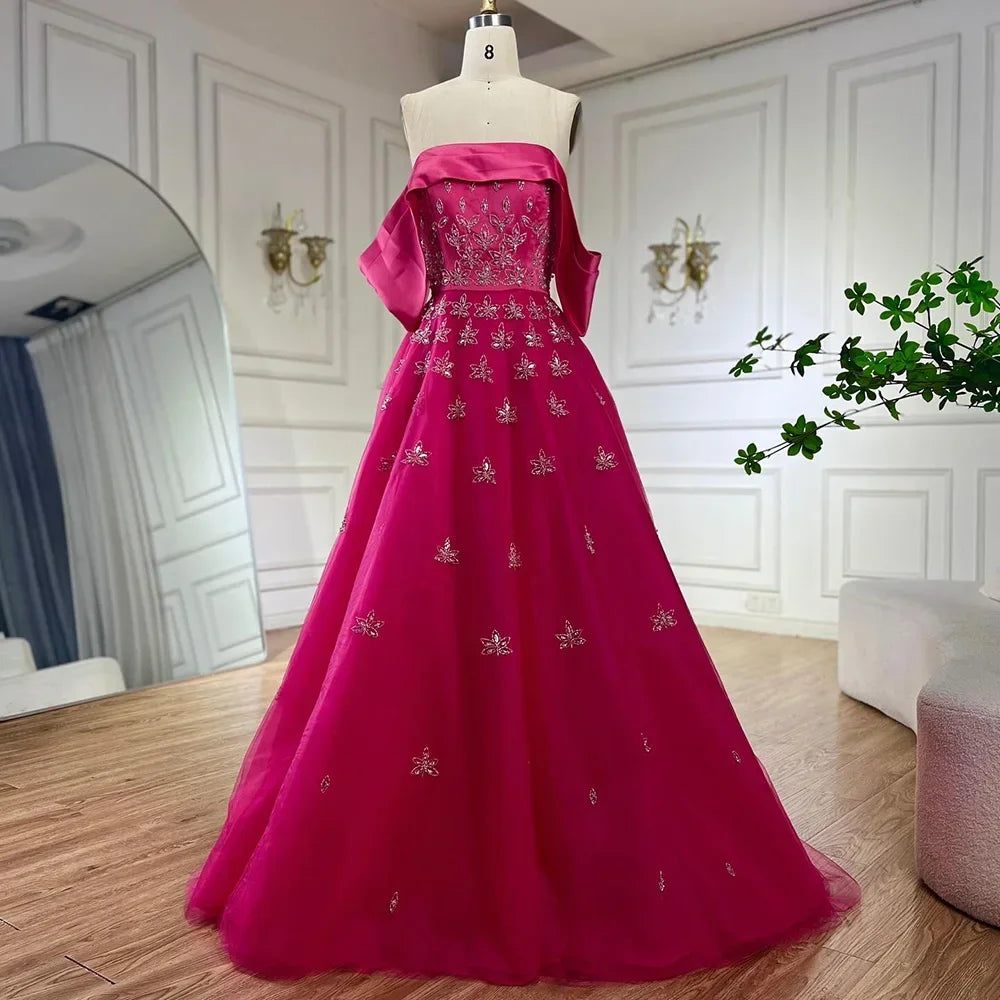 Serene Hill Luxury Dubai Arabic Yellow Elegant Boat Neck Long Evening Dress Beaded Party Gown for Women's Wedding LA72531
