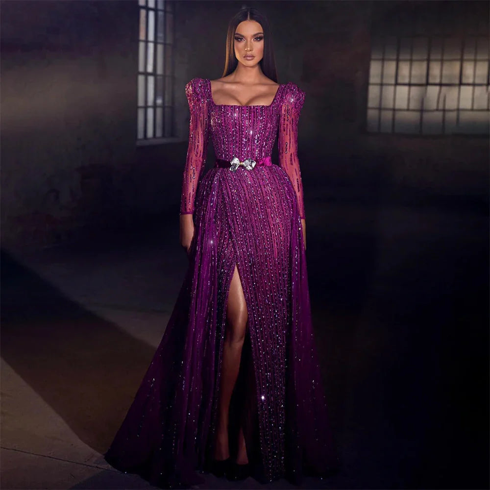 On Sale no return no refundSerene Hill Luxury Dubai Fuchsia Evening Dresses for Women Wedding Long Sleeve Overskirt Arabic Formal Party LA71678