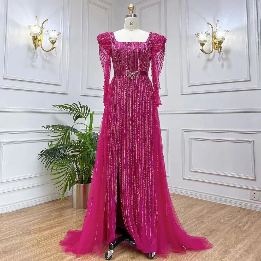 On Sale no return no refundSerene Hill Luxury Dubai Fuchsia Evening Dresses for Women Wedding Long Sleeve Overskirt Arabic Formal Party LA71678