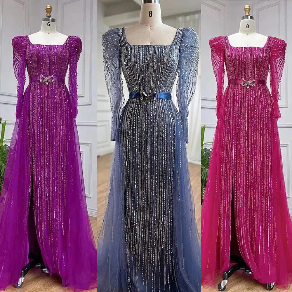 On Sale no return no refundSerene Hill Luxury Dubai Fuchsia Evening Dresses for Women Wedding Long Sleeve Overskirt Arabic Formal Party LA71678