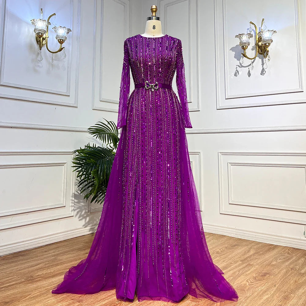 On Sale no return no refundSerene Hill Luxury Dubai Fuchsia Evening Dresses for Women Wedding Long Sleeve Overskirt Arabic Formal Party LA71678