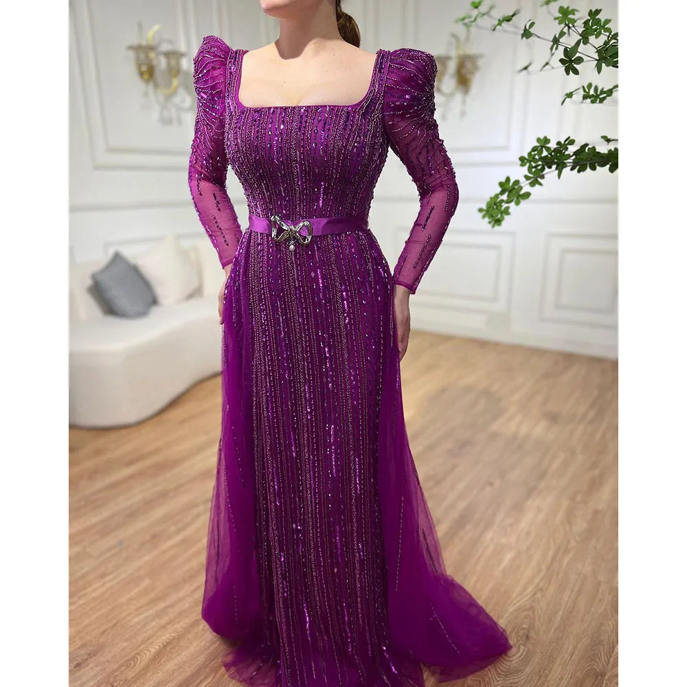 On Sale no return no refundSerene Hill Luxury Dubai Fuchsia Evening Dresses for Women Wedding Long Sleeve Overskirt Arabic Formal Party LA71678