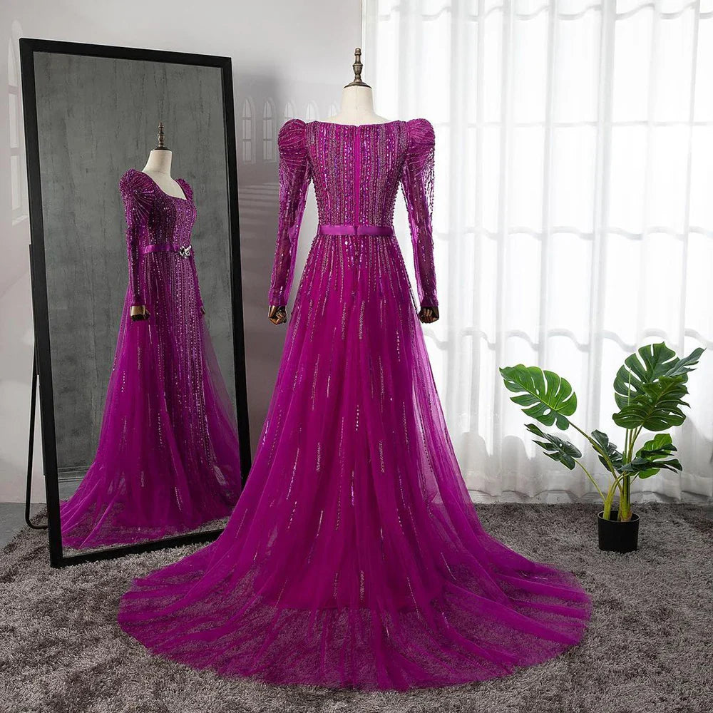 On Sale no return no refundSerene Hill Luxury Dubai Fuchsia Evening Dresses for Women Wedding Long Sleeve Overskirt Arabic Formal Party LA71678
