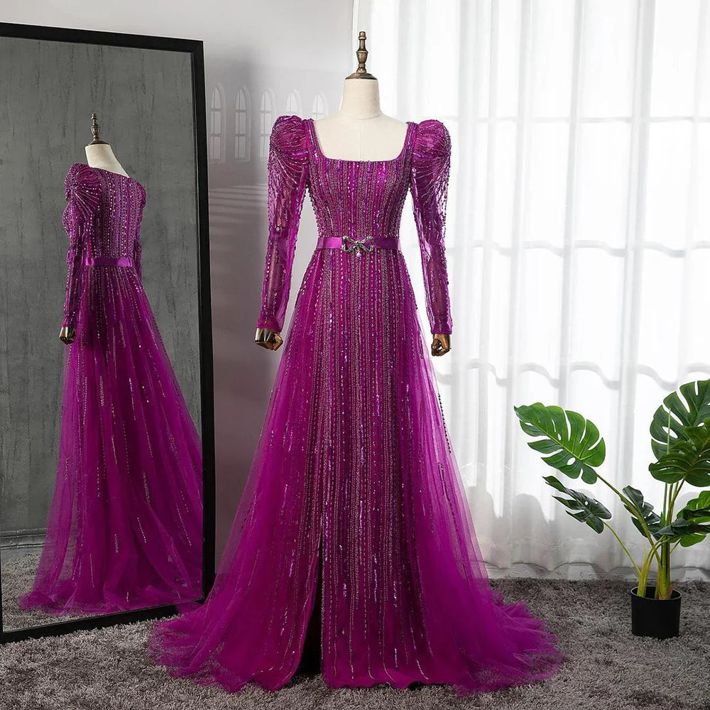 On Sale no return no refundSerene Hill Luxury Dubai Fuchsia Evening Dresses for Women Wedding Long Sleeve Overskirt Arabic Formal Party LA71678