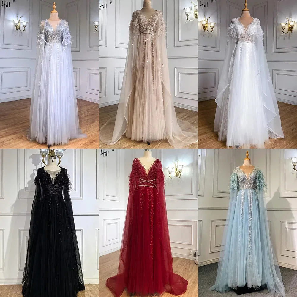 Serene Hill Luxury Dubai Grey Evening Formal Dresses with Feather Cape Shawl Gold Arabic Women Wedding Party Gowns Long LA70640