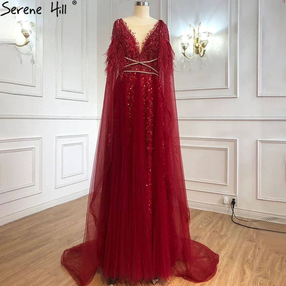 Serene Hill Luxury Dubai Grey Evening Formal Dresses with Feather Cape Shawl Gold Arabic Women Wedding Party Gowns Long LA70640