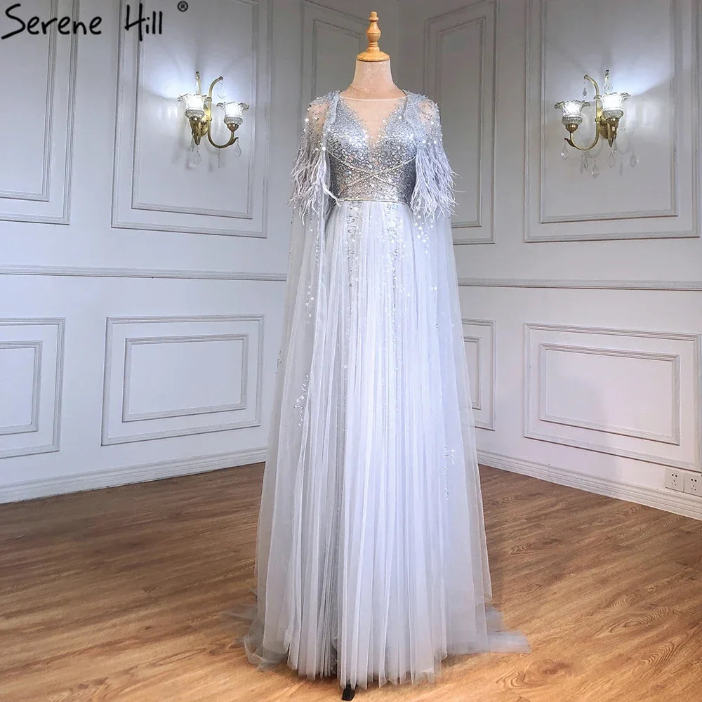 Serene Hill Luxury Dubai Grey Evening Formal Dresses with Feather Cape Shawl Gold Arabic Women Wedding Party Gowns Long LA70640