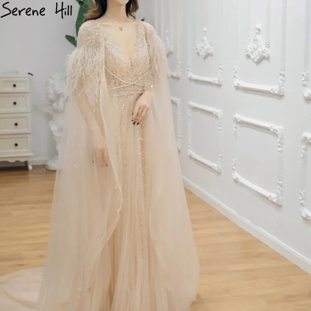 Serene Hill Luxury Dubai Grey Evening Formal Dresses with Feather Cape Shawl Gold Arabic Women Wedding Party Gowns Long LA70640