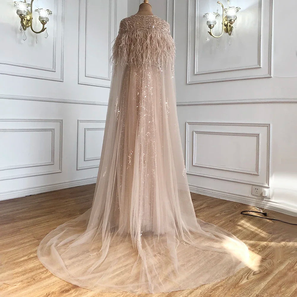 Serene Hill Luxury Dubai Grey Evening Formal Dresses with Feather Cape Shawl Gold Arabic Women Wedding Party Gowns Long LA70640